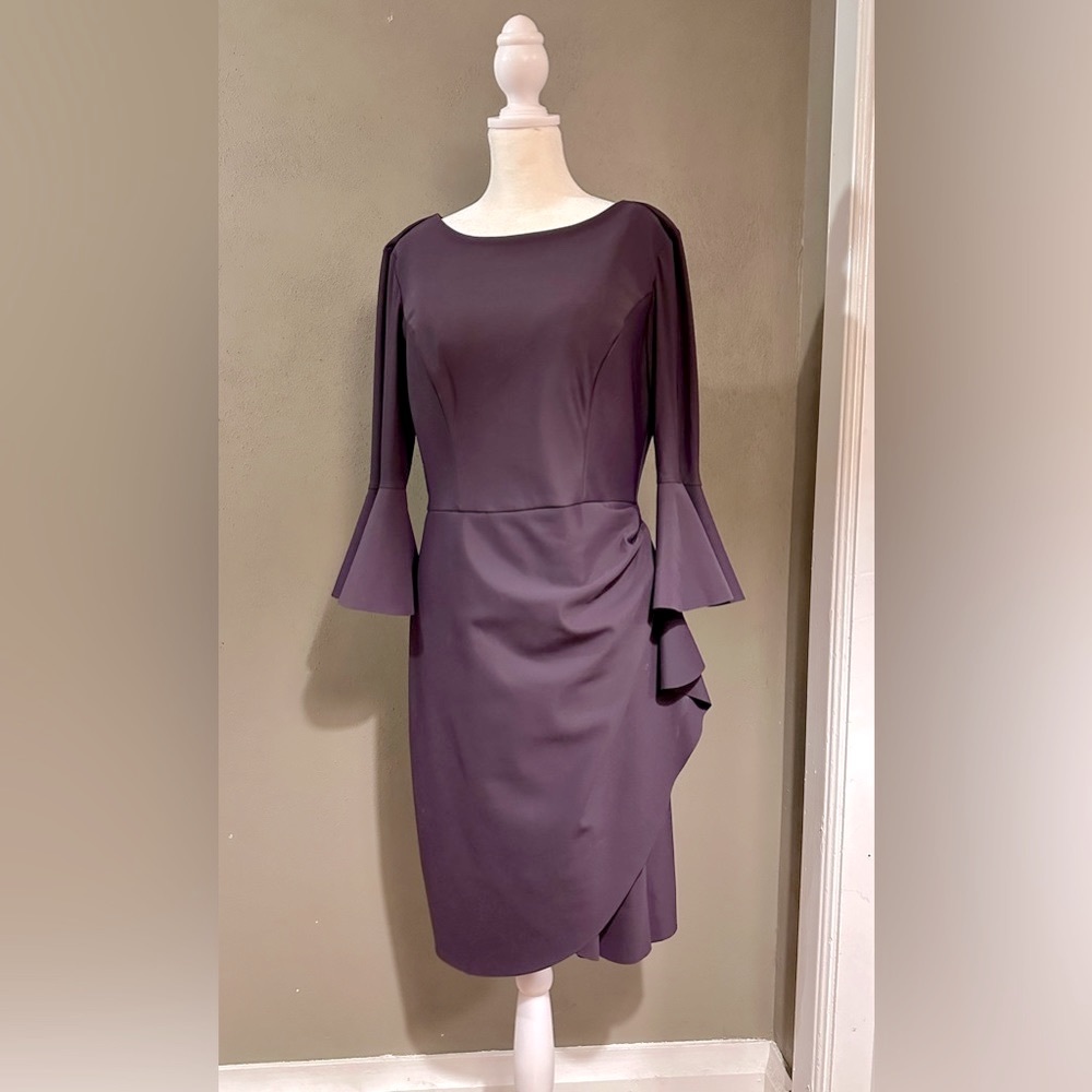 Elegant Dress Size 8 , Wine Color, Bell Sleeves With Gathering On Side Hip